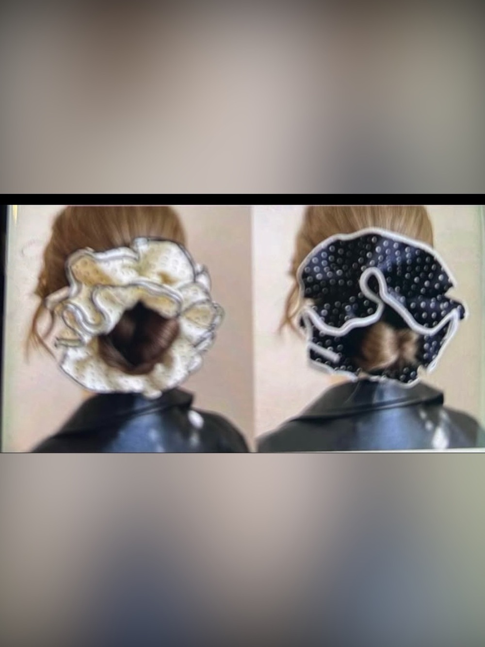 Women’s fabric scrunchie hair ties 2 pack black and white polka dots ruffle